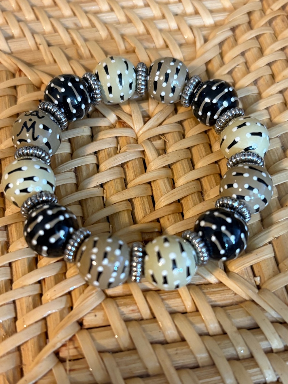 Angela Moore Hand Painted Black & Cream Dotted Bead Stretch Bracelet, Silver